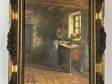 une peinture à l'huile représentant une femme dans une cuisine, près d'une fenêtre