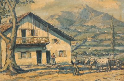a painting of a farm scene with a man and a horse