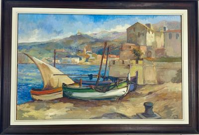 une peinture de bateaux sur la plage au bord de l'eau