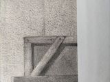 pencil drawing of a cat sitting on a chair in front of a window