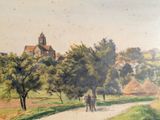 a painting of two people walking down a dirt road
