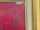 an image of a painting of a vase of flowers on a red background