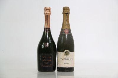two bottles of wine sitting next to each other on a table