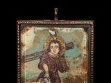 an image of a picture of jesus carrying a cross on a black background