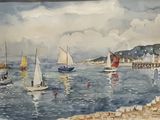 a painting of sailboats on the water near a pier