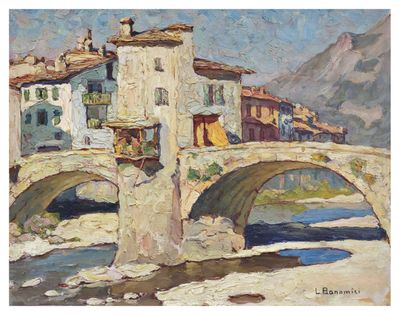 an oil painting of a bridge over a river with buildings in the background