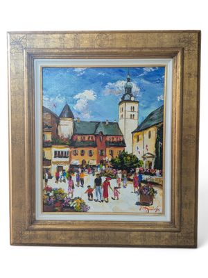 an oil painting of a town square with a clock tower in the background