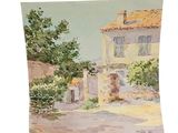 a painting of a house on the side of the road