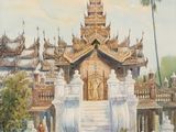 une peinture à l'huile représentant un bâtiment devant lequel se tient un homme