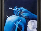 tableau représentant un homme bleu fumant une cigarette sur fond bleu