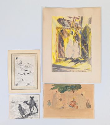 several drawings of people and animals are hanging on a wall