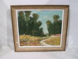 an image of a painting of a country road with trees in the background