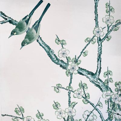 un tableau représentant un oiseau perché sur une branche d'arbre