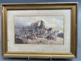 framed picture of a painting of a group of people on a horse drawn wagon