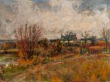 painting of a painting of a landscape with a house in the distance