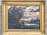une peinture à l'huile représentant un paysage avec des arbres et une rivière