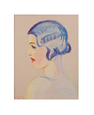 an oil painting of a woman with a blue hat on her head