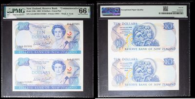 three different types of bank notes on display in a display case