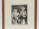 a black and white drawing of two women in a wood frame