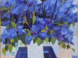 a painting of blue flowers in a vase on a table