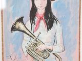a painting of a woman with a hat and a trumpet