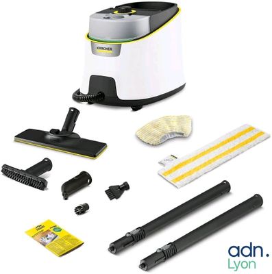 a white and black vacuum cleaner with cleaning supplies on a white background