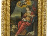 un tableau représentant une femme assise sur une chaise avec un chien