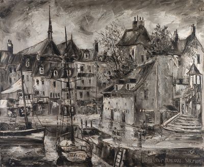 peinture représentant une image en noir et blanc d'un port avec des bateaux