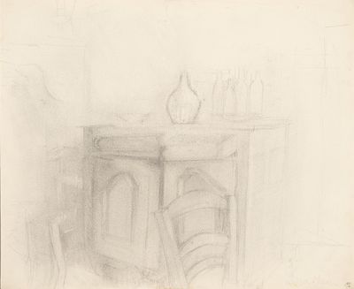 dessin au crayon représentant une table sur laquelle se trouve un vase