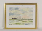 un tableau représentant un champ avec des arbres au loin et des nuages dans le ciel