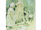 tableau représentant deux femmes avec des parapluies et un chien dans un parc
