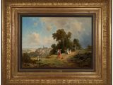 a painting of a landscape with a village in the distance