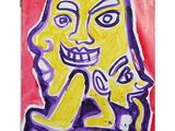 tableau violet et jaune représentant une femme souriante
