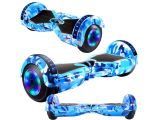 two hoveboards with blue and black designs on them