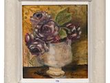 an oil painting of a vase filled with purple flowers on top of a table