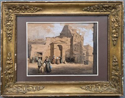 un vieux tableau représentant un groupe de personnes devant un bâtiment