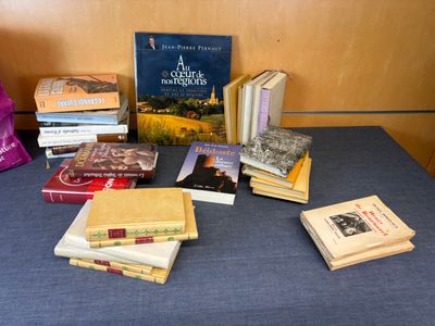 a lot of books on a table with a purple bag