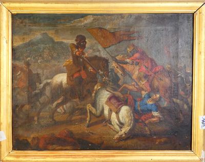 tableau représentant un homme à cheval, sur lequel est hissé un drapeau