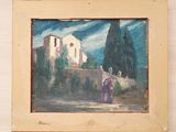 a picture of a painting of a woman walking down the street