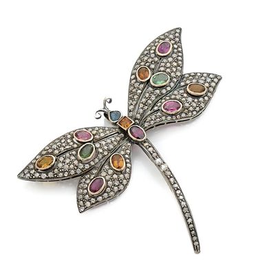 Broche-pendentif en argent et en or dessinant une libellule,…