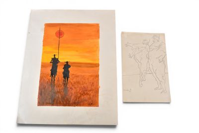 tableau représentant deux hommes à cheval dans un champ, avec un drapeau rouge