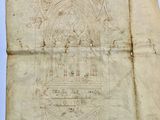 un vieux papier sur lequel est dessiné un bâtiment