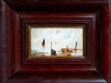 an oil painting of boats on a body of water with a sky in the background