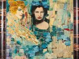 an oil painting of two women in a mosaic style frame