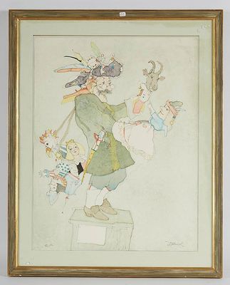 tableau représentant un homme vêtu d'un manteau et d'un chapeau verts, tenant une poupée