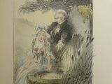 an old book with a drawing of a man and a woman sitting in the grass