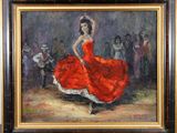an oil painting of a woman in a red dress dancing in front of a group of people