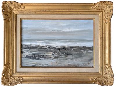 an image of a painting of a beach scene with horses in the water