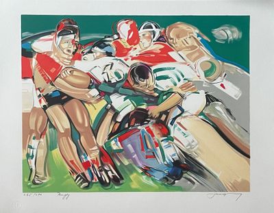 un tableau représentant un groupe de personnes jouant au football