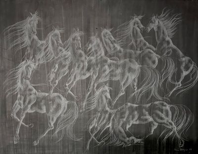 drawing of a group of horses running in a line on a blackboard